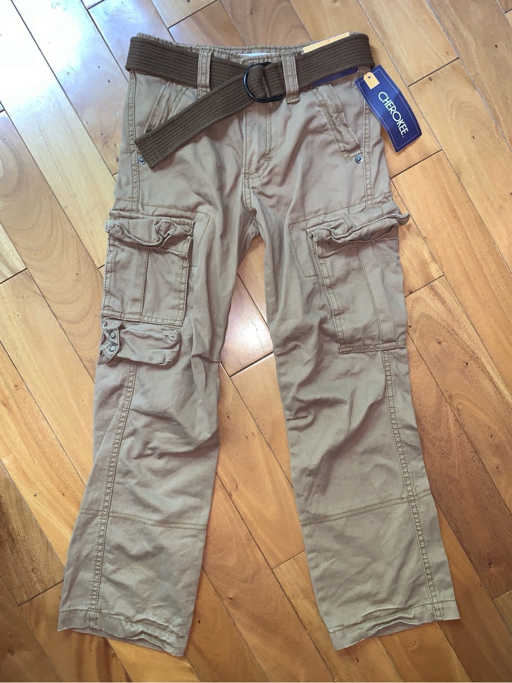 NWT Cherokee Boys Cargo Pants Brown Adjustable Waist Belted Straight Leg